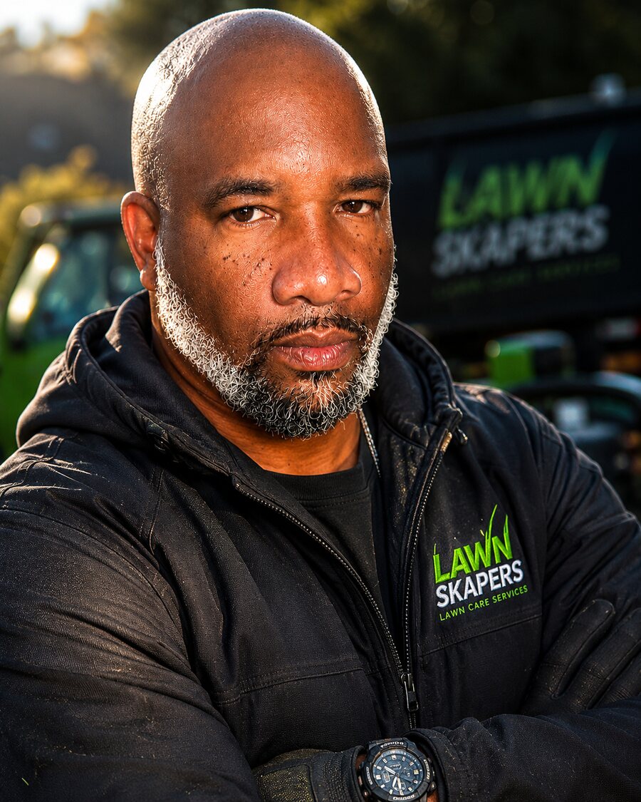 Clarence Chandler, founder and owner of LawnSkapers, standing in front of a LawnSkapers truck