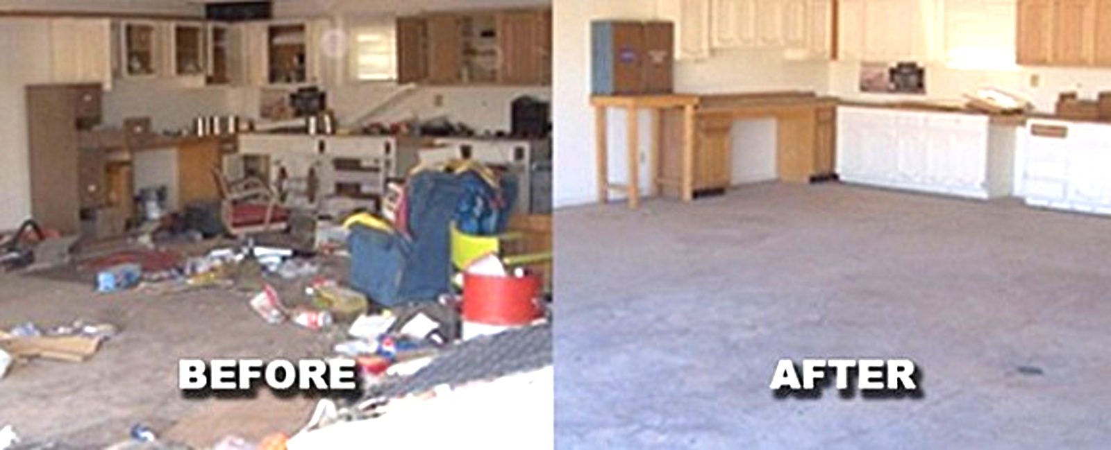 Full garage cleanout — cluttered storage before and empty open floor after