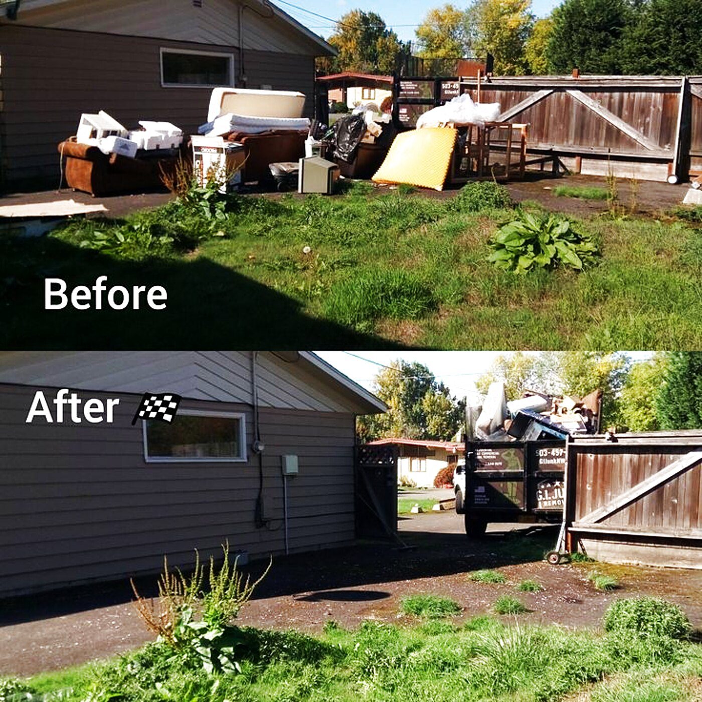 Yard reset — before pile, after with dump trailer